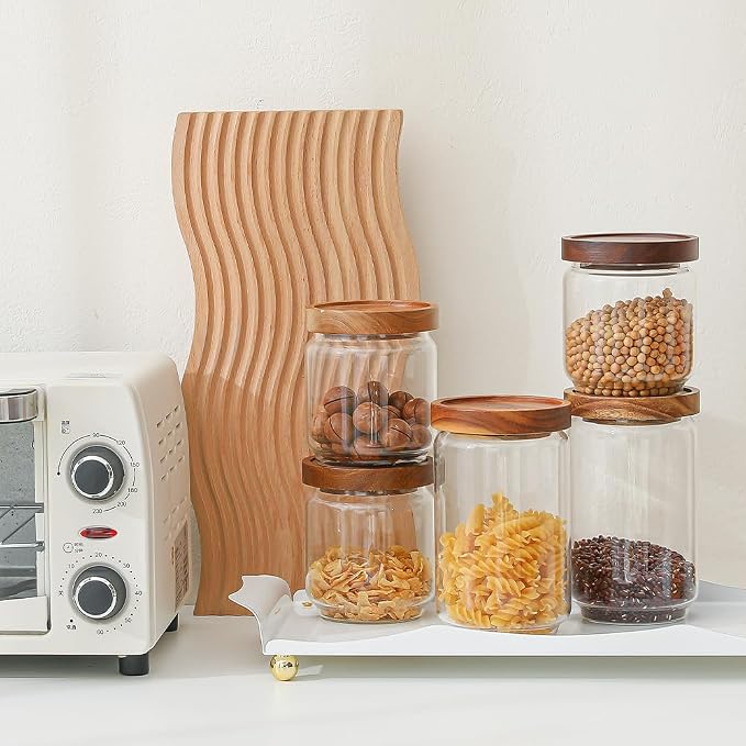 Glass Jars with Wood Lids Include 112 Labels | 15 OZ Storage Food Canister for Coffee| Sugar| Snacks| Nuts