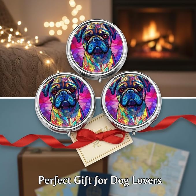 Pug Dog Small Box for Pill,3 Compartment Pill Case Travel Medicine,Portable Pocket or Purse Pill Organizer Container Holder Hold Vitamins, Medication, Fish Oil Supplements