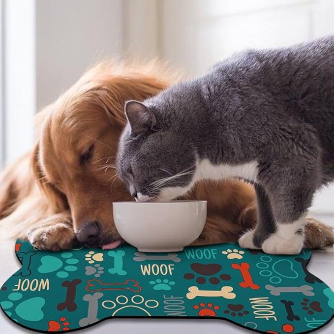 Dog Food Mats for Floors Waterproof, Pet Feeding Absorbent Water Bowl Mat Cat Placemats Green Bone Shape 19 * 12 inch