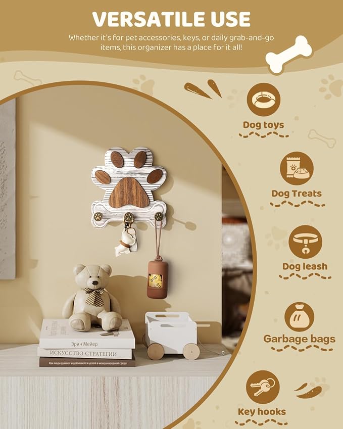 MTERSN Pine Wood Dog Leash Holder for Wall - Dog Lover Gift, White | 3 Wall Hook, Unique Dog Paw Shape, 3D Dog Leash Hooks for Keys, Rustic Accent for a Cute Dog Corner, Apartment Wall Decor