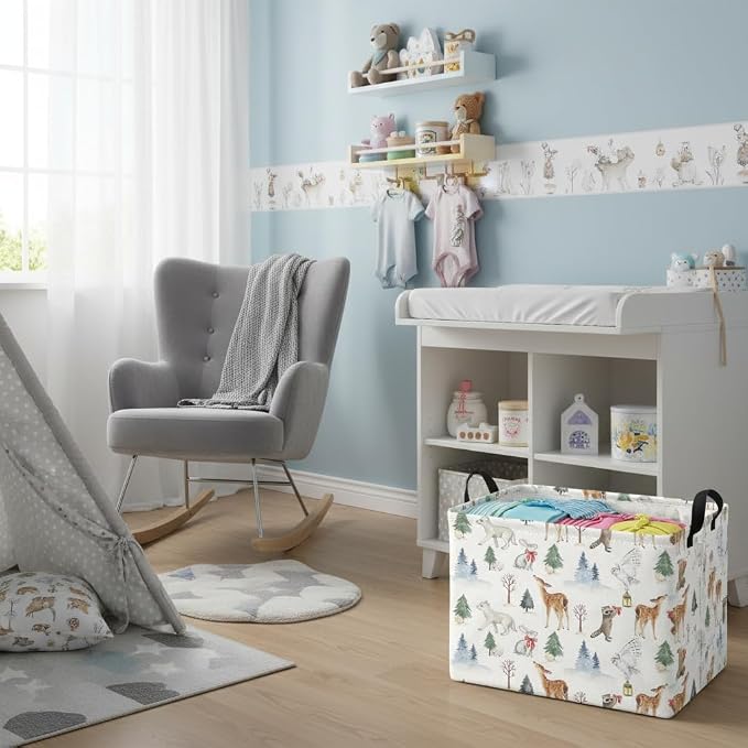 Rectangular Kids Basket Baby Girl Basket Fabric Storage Bin Organizer Box Room Decor(White Animal)
