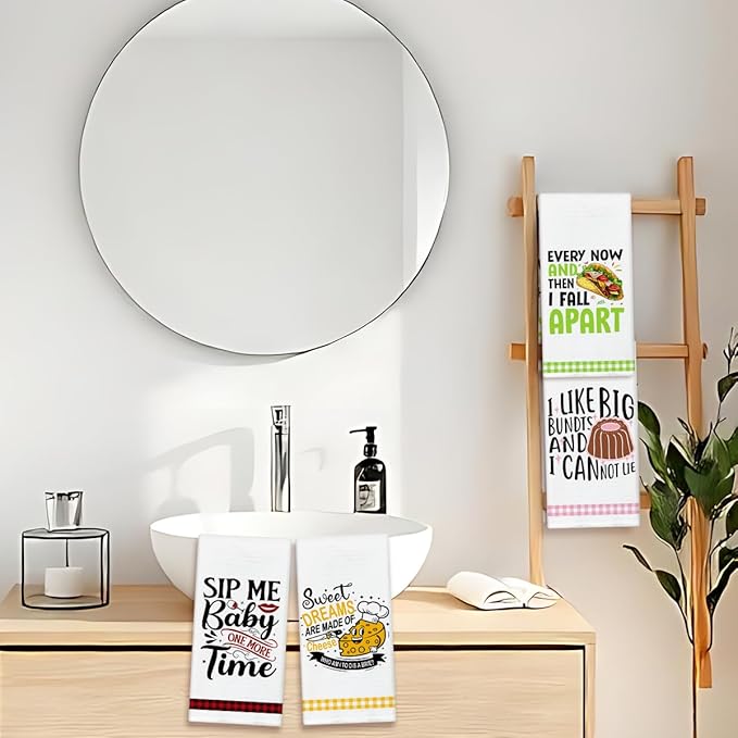 Funny Food Print Kitchen Towels and Dishcloths Set of 4, Cute Decorative Hand Towel Drying Cloth for Bathroom Cooking Baking, Housewarming Gift for Hostess, Women, 16x24 Inches -06