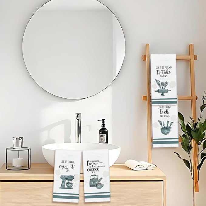 Funny Coffee Kitchen Towels and Dishcloths Set of 4, Farmhouse Decorative Hand Towel Drying Cloth for Bathroom Cooking Baking, Housewarming Gift for Hostess, Women, 16x24 Inches -05
