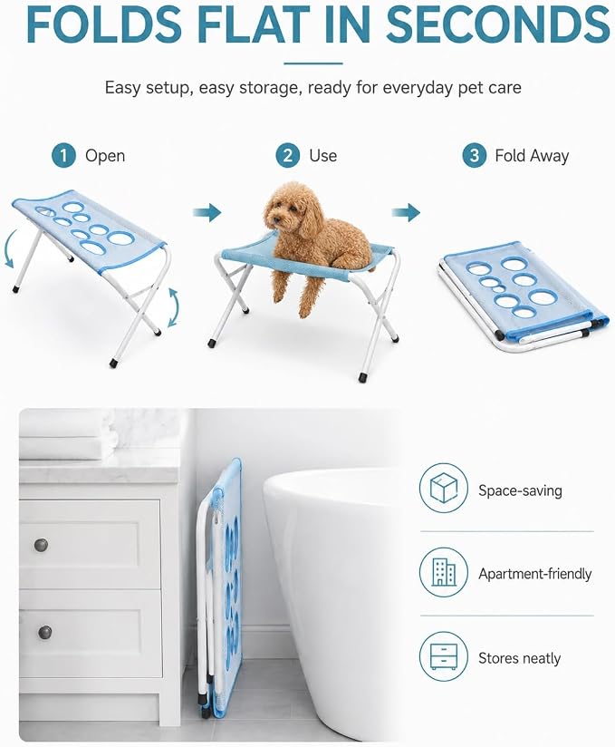 Foldable Pet Bathing Stand, Dog Grooming Hammock for Cats and Small Dogs | Portable Shower Rack with 8-Hole Quick-Dry Mesh, 44 lb Capacity | Home Washing, Trimming & Nail Care(Pink)
