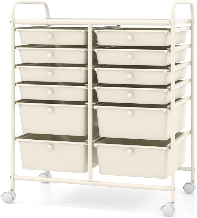 12 Drawer Rolling Storage Cart, Art Cart Organizer on Wheels, Mobile Utility Cart with Drawers, Multipurpose Craft Drawers for Home Office School Classroom (White)