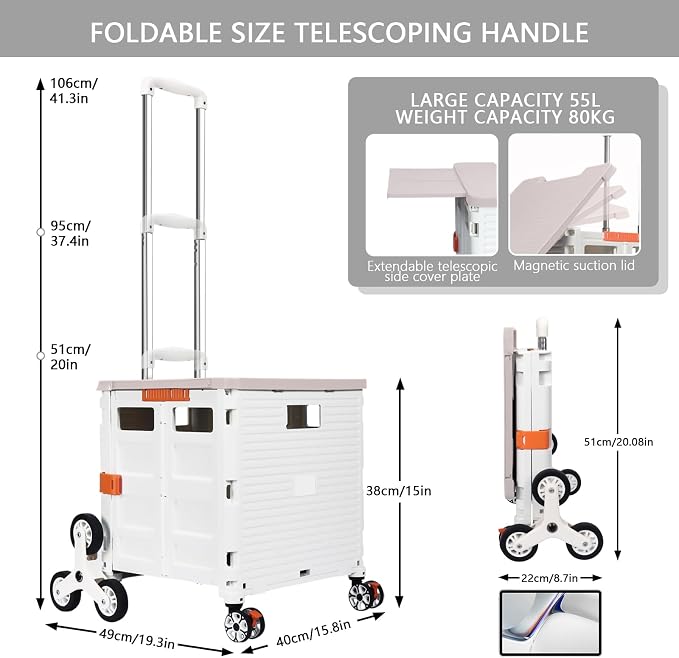 Foldable Utility Cart with Stair Climbing Wheels,Collapsible Rolling Crate with Magnetic Lid Telescopic Cover,Telescoping Handle,360° Rotate Wheel Hand Cart for Teacher Shopping Moving(Milky White)