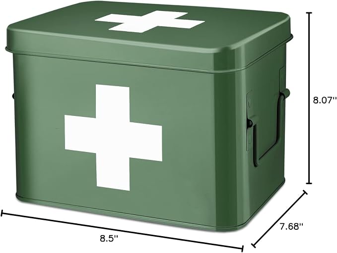 Flexzion Large Metal First Aid Box Empty, 8.5-Inch, Green with White Cross | Vintage Medicine Box and First Aid Storage Organizer with Removable Tray and Dividers; Empty Box Only, Supplies Not Included
