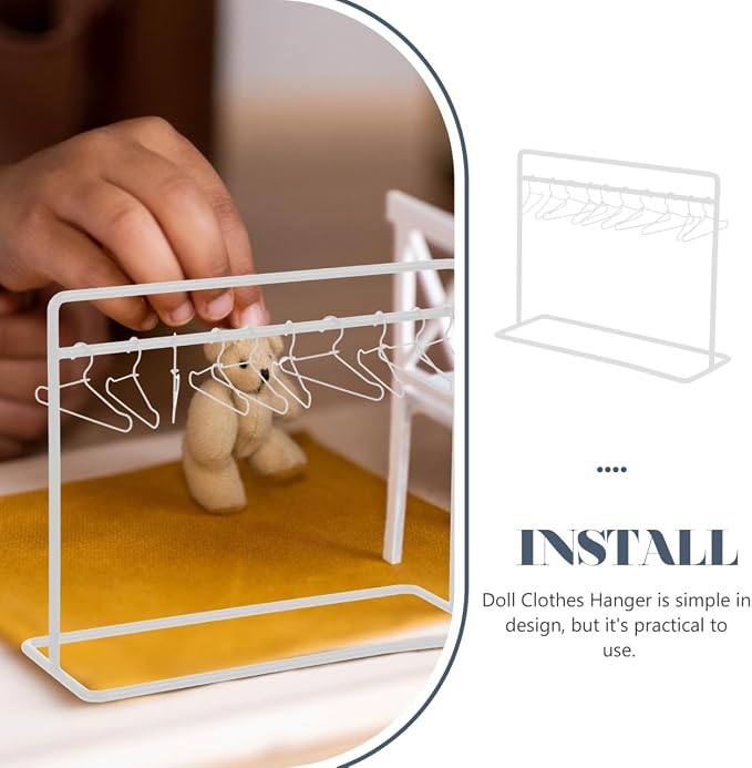 Doll Clothes Hanger Set Mini Clothes Rack with 10 Doll Hangers Metal Outfit Rack for Dollhouse Clothing Display Mini House Decor 5.90 X 4.72 X 2.16 in