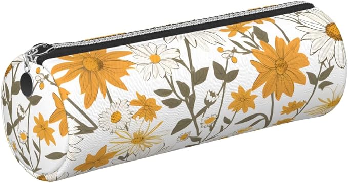 OSAM SPACE Leather Pencil Case Round Pencil Bag Daisy Floral Pen Organizer Holder Portable Zipper Pouch Cute School Supplies for Girls Boys Study Office