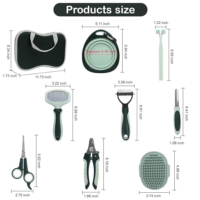 PetsBuzz 8 in 1 Pet Grooming Kit Brush, Cat Dog Grooming Kits at Home, Nail Clipper and File, Self Cleaning Deshedding Pet Brush,Undercoat Rake Detangler, Toothbrush, Collapsible dog Bowl
