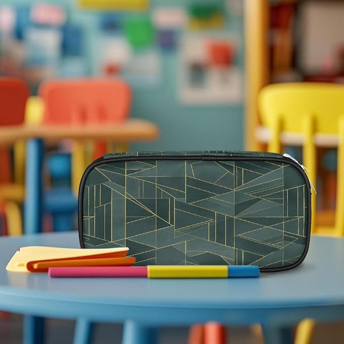 Pencil Cases Large Capacity Pen Pouch, Teal Gold Geometric Lines Pencil Box Organizer School Supplies for College Student Teen Adults