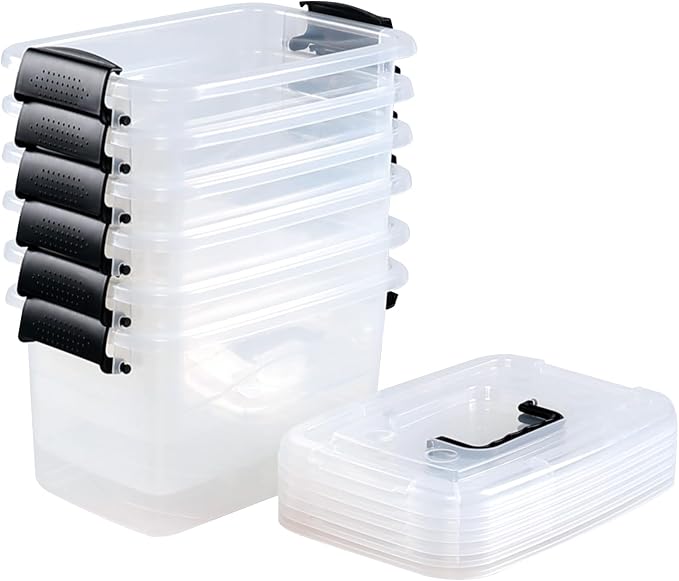 6 Quart Plastic Clear Storage Latching Box with Handle, 6 Packs | Plastic Latch Tote Bin Container with Lids