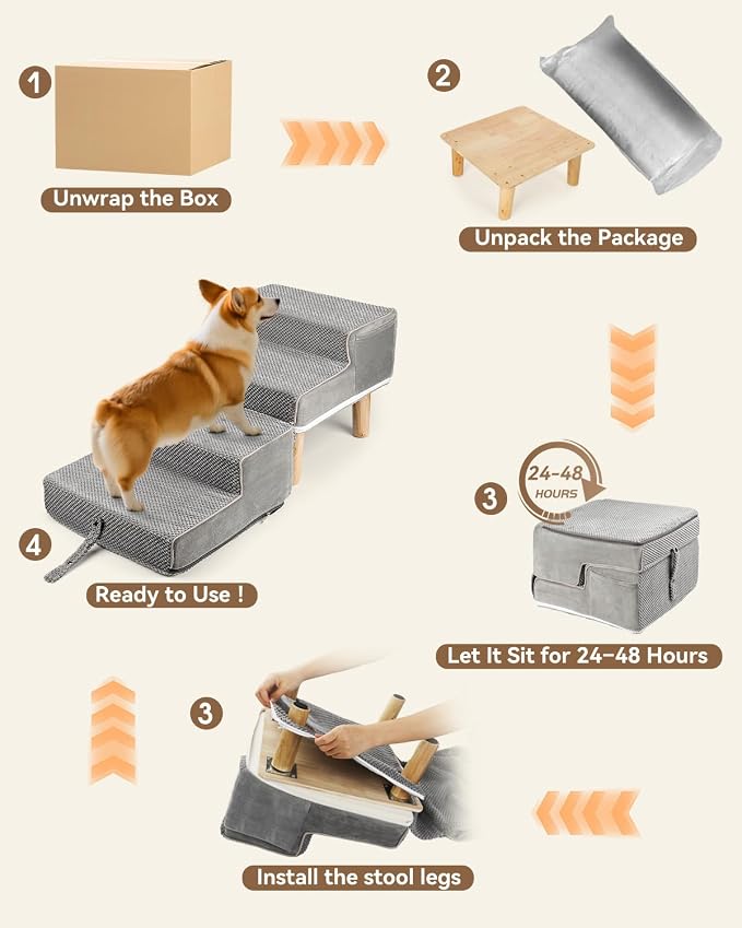 Dog Ramp Ottoman, 2-in-1 Dog Stairs for Couch and Low Bed, Foldable Solid Wood Pet Steps for Small, Medium, Senior Dogs & Old Cats - Couch Height, Washable Cover, Storage Pocket, 135lb Capacity