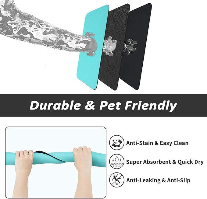 HotLive Dog Food Mat - Absorbent Cat Mat for Food and Water, No Stains Pet Feeding Bowl Mat, Easy to Clean Pet Placemats, Quick Dry Dog Water Dispenser Mat for Messy Drinkers | Teal 18"x34"