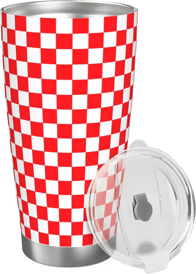 20 Oz Red White Checkered Tumbler for Hot & Cold Drinks, Insulated Coffee Travel Car Mugs, Stainless Steel Cup for Family Friends Birthday Present
