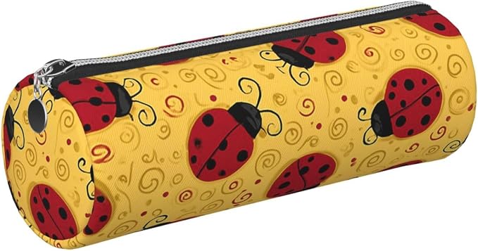 OSAM SPACE Leather Pencil Case Round Pencil Bag Cute Red Ladybugs Swirls Pen Organizer Holder Portable Zipper Pouch Cute School Supplies for Girls Boys Study Office