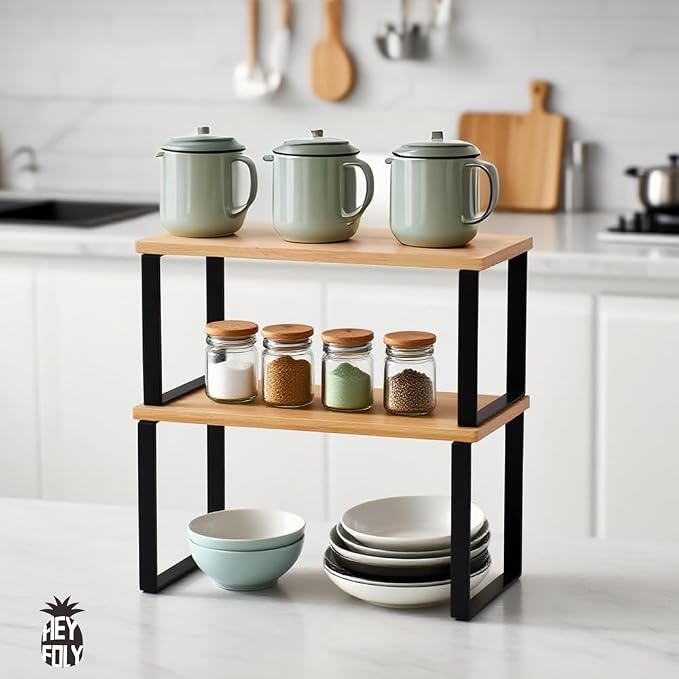HEY FOLY Kitchen Cabinet Organizer Shelf, Set of 2 Stackable Counter Shelves, Small Wood Cabinet Riser Shelf for Pantry Cupboard Spice Dish Mug Cup, Expandable (Beige & Black, 11.7''W)