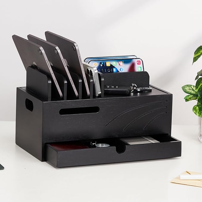 Homde Bamboo Charging Station Organizer: Charger Rack for Multiple Devices | Cable Cord Management Box with 6 Compartments and Drawer - Electronic Docking Stand for Chargers Phones Tablets (Black)