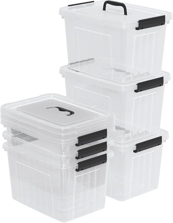 12 Quart Plastic Clear Storage Latching Bins with Lids, 6 Packs | Stackable Plastic Containers with Handles for Organization