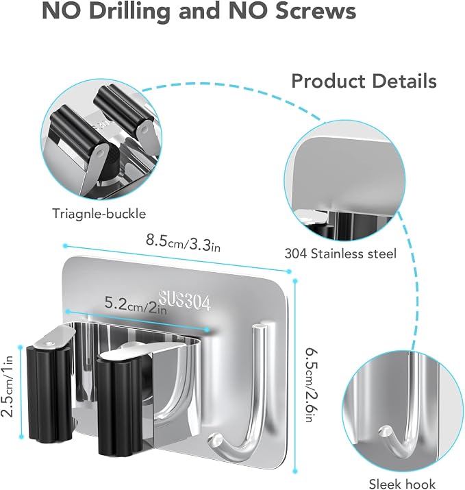 homeasy Mop Broom Holder No Drill, Mop Broom Organizer Wall Mounted Heavy Duty with Hooks Hanger, Self Adhesive Stainless Steel 4Pcs for Bathroom, Kitchen, Office (Multicolor)