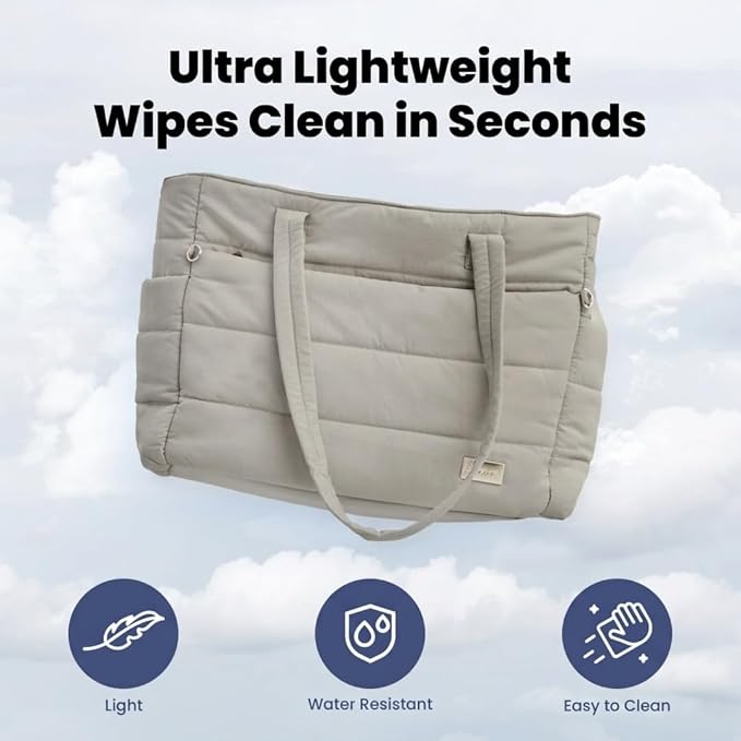 Puffer Dog Travel Bag for Dog Moms, Diaper Bag with Travel Bowls | 2 BPA-Free Collapsible Bowls, 2 Pet Food Containers, 9 Pockets, Everyday Puffer Bag Works With or Without Your Dog, Khaki