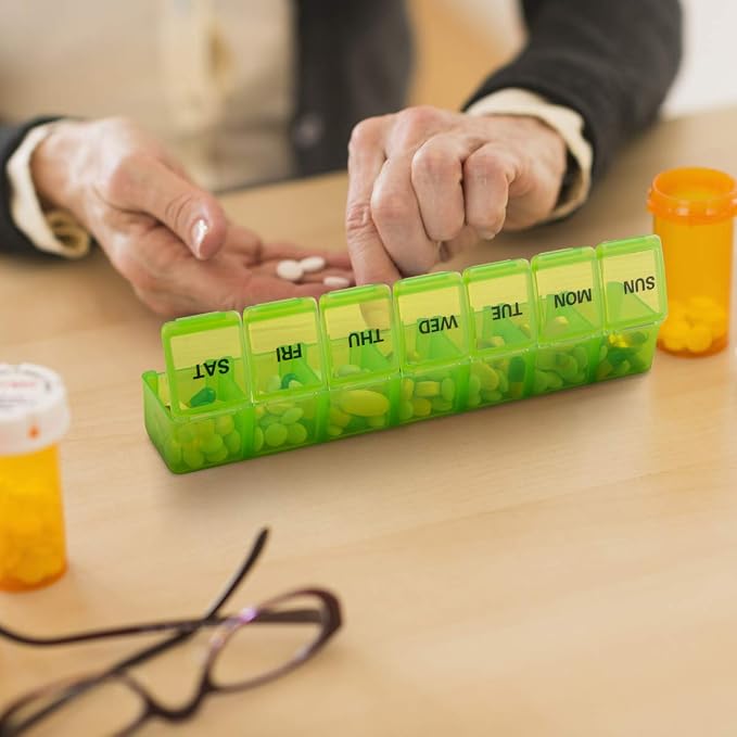 Sukuos Extra Large 7 Day Pill Organizer Easy to Open, Weekly Pill Box Daily Medicine Case with Clear Lid, Silkscreen Printed Vitamin Holder for Fish Oils or Supplements (Green)