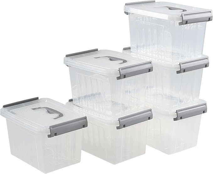 3.5 Quart Small Clear Latching Boxes with Handle, 6 Packs | Tiny Plastic Storage Tote Bins with Lid