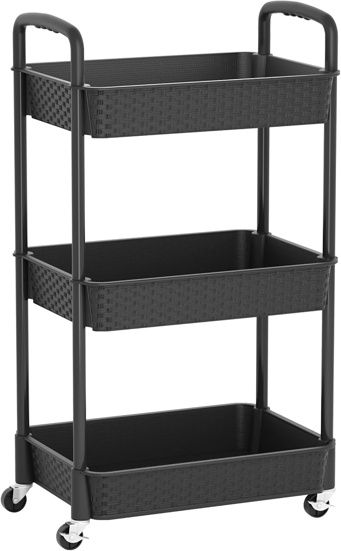 MOYIPIN 3-Tier Plastic Rolling Utility Cart with Handle,Black | Utility Storage Cart for Office, Living Room, Kitchen,Movable Storage Organizer,Easy installation,Rattan-like art design