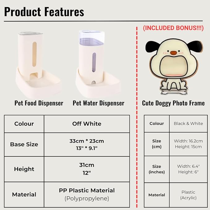 Automatic Food Dispenser and Waterer Set (Pack of 2) with 3.8L Large Capacity, Smart Siphon System for Fresh Hydration, Stable Anti-Tip Design, Off White, Includes a Doggy Photo Frame