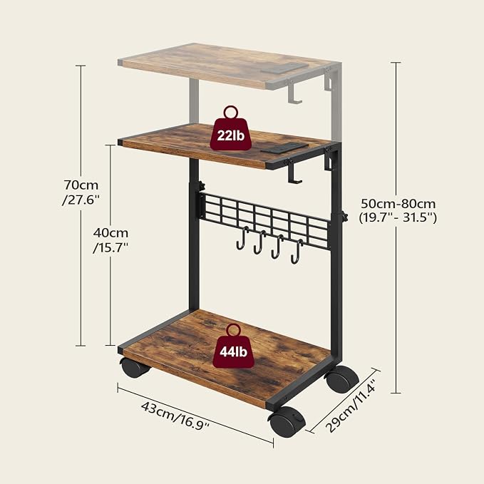 PC Stand with Charging Station, Height Adjustable Computer Tower Stand, 19.7"-31.5" H, Computer Cart with Wheels and Hooks, CPU Holder for Floor, Carpet and Under Desk, Rustic Brown