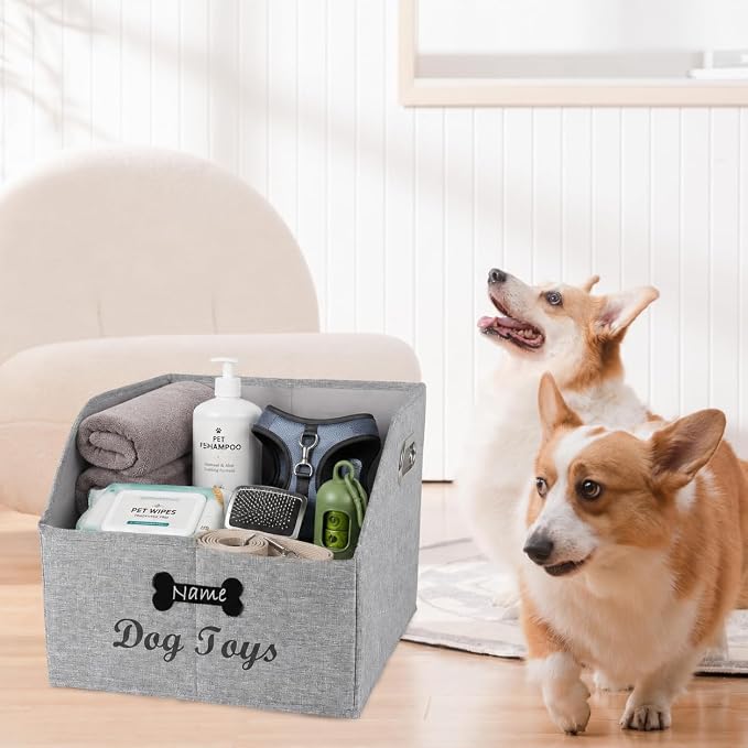 Big Dog Toys Storage Bins Canvas Foldable Fabric Trapezoid with metal handles pet Baskets,Can be Personalized,Storage Bin Large toy box Organizer-Snow Gray