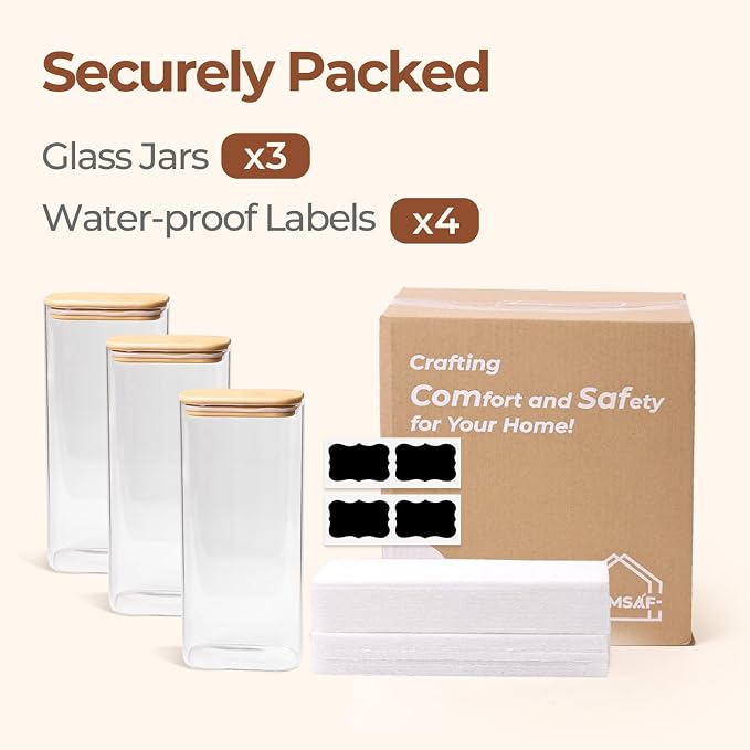 ComSaf Glass Storage Containers with Lids 2 Qt, Set of 3 Cereal Containers | Pantry Storage Container, Rectangle Jar, Glass Cereal Dispenser, Kitchen Canisters, Dry Food, Flour, Sugar, Coffee, BPA Free