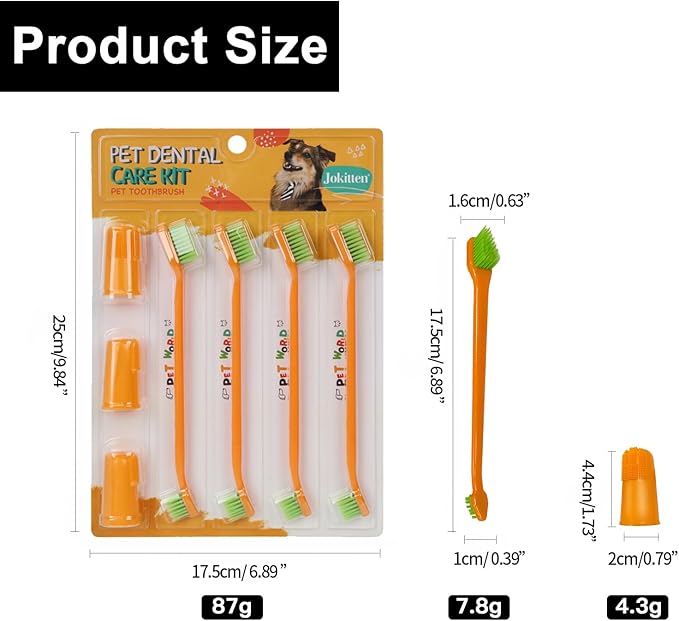HOP 7 Pack Pet Toothbrush kit Orange 4 Angled Double-Head Dog Toothbrushes 3 Dog Finger Toothbrushes Soft Nylon Bristle Dog Toothbrush Refill Puppy Tooth Brushing Kit Pet Dental Care for Dogs and Cats