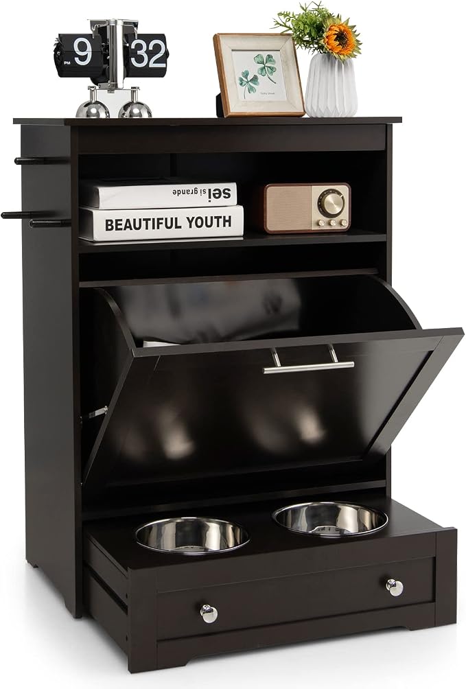 Dog Feeding Station with Double Bowls, Large Pull Out Dog Feeder & Food Storage (Brown)
