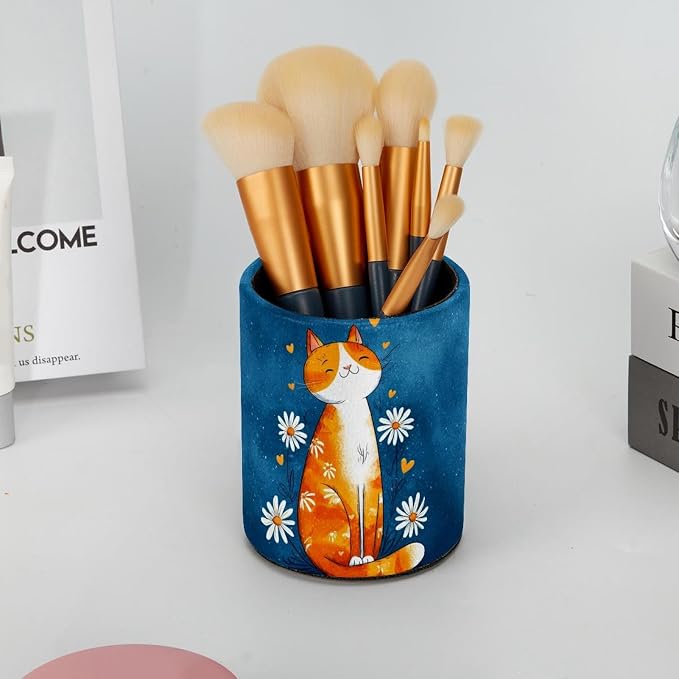 Faux Leather Pen Holder for Desk, Pencil Organizer Cute Cat Pen Cup Desk Decor Makeup Brush Holder Storage for Office Home
