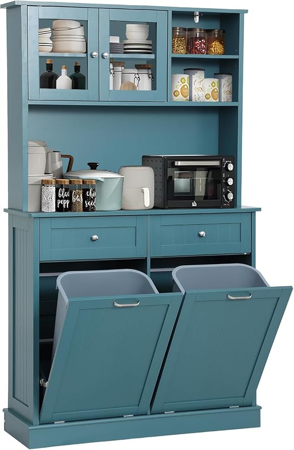 LOUVIXA 68.4" Kitchen Pantry Storage Cabinet, Freestanding Cupboard with Shelf, 2 Drawers and 2 Tilt Out Trash Cabinet, Tall Cabinets for Kitchen, Dinning Room, Living Room (Deep Teal, Double Tilt)