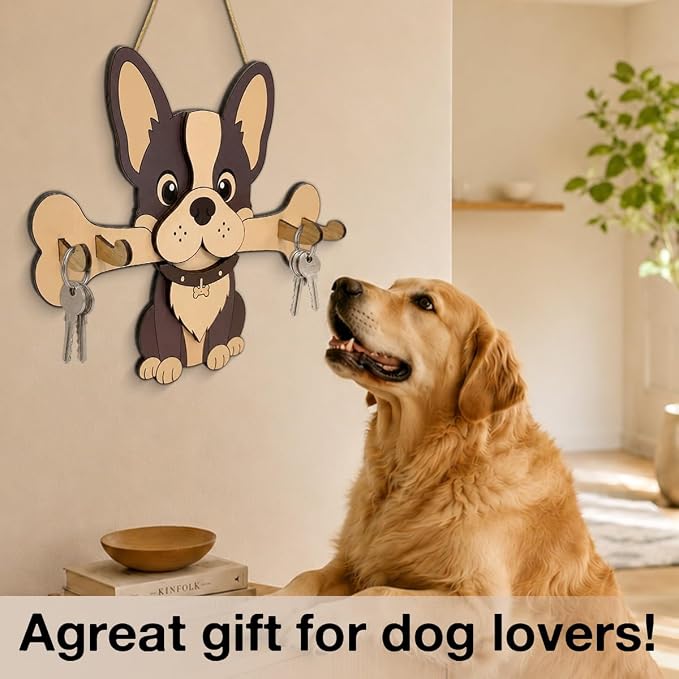 Dog Leash Holder for Wall, Cute Key Holder Wall Mount with 4 Keys Hooks, Dog Wooden Key Hooks for Collars, Entryway Garage Living Room Kitchen Mudroom