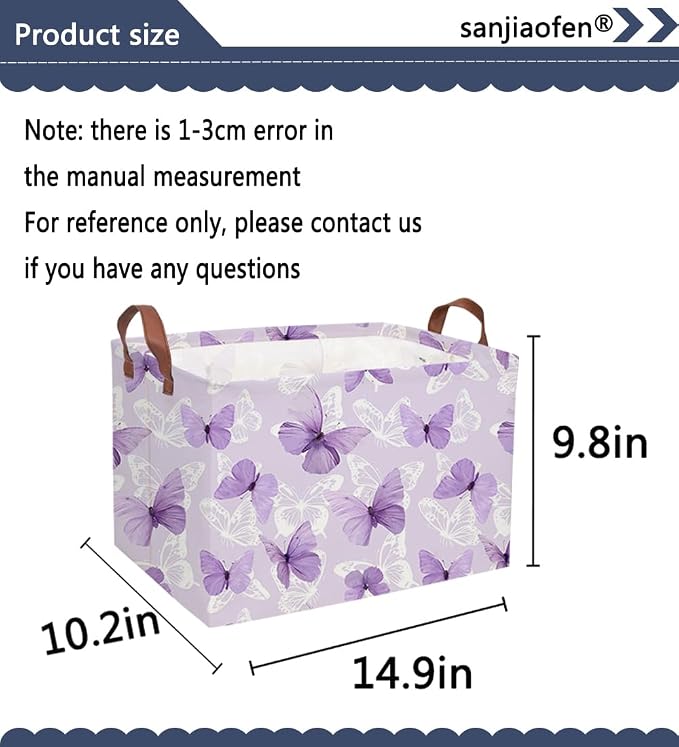Sanjiaofeng Rectangular Kids Basket Butterfly Storage Bins,Girls Storage Basket with Handles.Clothers,Toys,Books,Kid's Gifts Bins. (Purple Butterfly)
