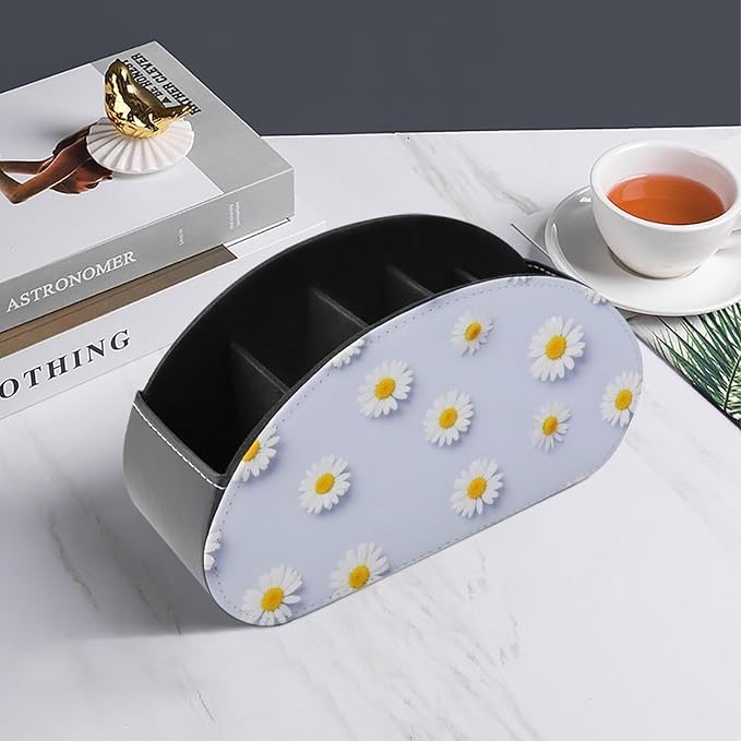 Pu Leather Remote Control Holder Box Daisy Flower Purple Desk Storage Caddy | with 5 Compartments, Daisy Flower Purple Office Supplies Table Decor for Media Player, Stationery, Makeup Brush