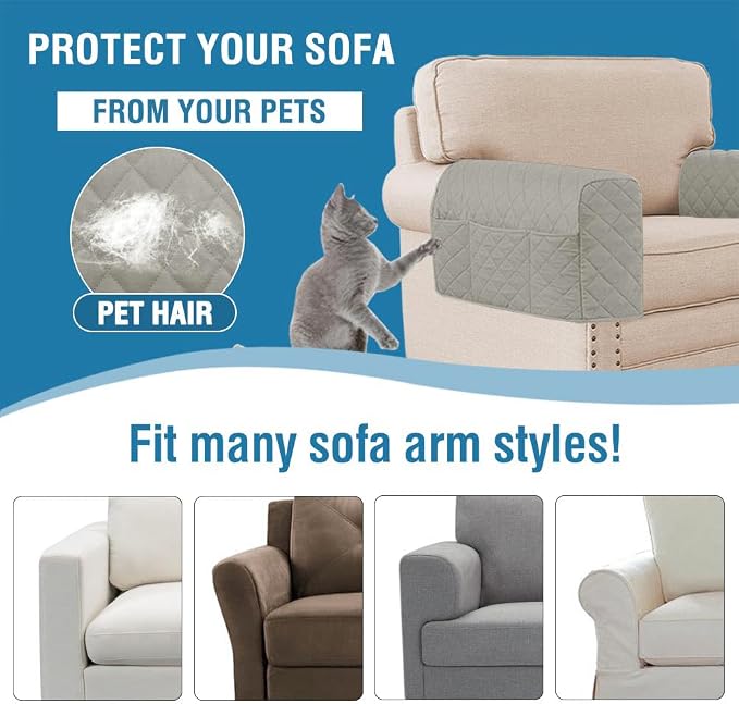 2 Pack Water Resistant Armrest Covers for Chairs and Sofas Couch Arm Covers for Sofa with 3 Pockets for Phone Sofa Arm Protector for Pets, Cats (Light Gray)