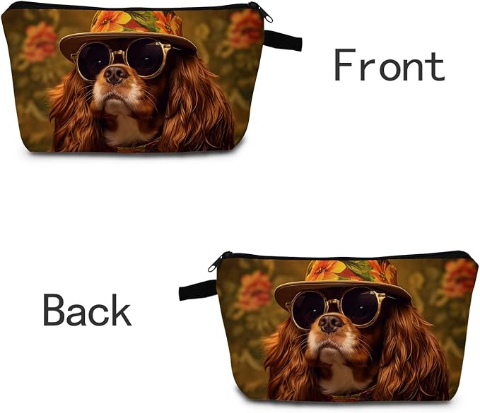 Cavalier King Charles Spaniel Makeup Bag Adorable Dog with Straw Hat & Sunglasses Cute Cosmetic Pouch for Dog Lovers Travel Toiletry Organizer Gift for Pet Enthusiasts