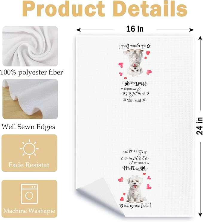 Maltese Gifts Kitchen Towels, Gifts for Maltese Dog Lovers Dish Tea Towels, Dog Owner Gift for Women Men Decorative Hand Towel for Kitchen, 16x24 Inch