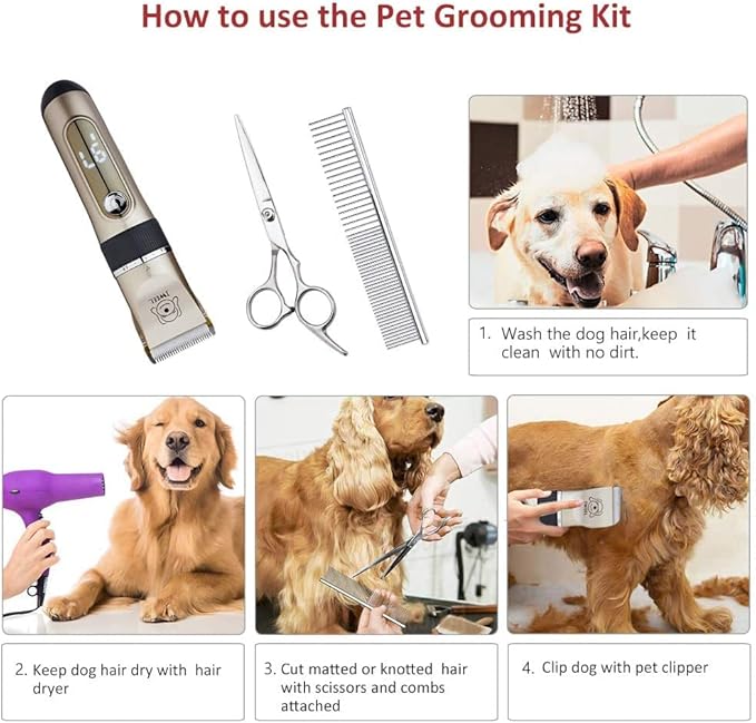IWEEL Dog Clippers, 2-Speed Professional Rechargeable Cordless Cat Shaver and Low Noise Water Proof Electric Dog Trimmer Pet Grooming Kit Animal Hair Clippers Tool with Scissors Combs