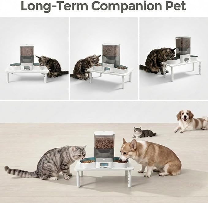 Raised Automatic Cat Feeder Stand for Double Bowl Feeders, Carbon Steel 14.57 x 9.25 in, 3 Adjustable Heights 4.13-5.71 in, Non-Slip, Fits Feeders & Water Dispensers, No-Drill (White)