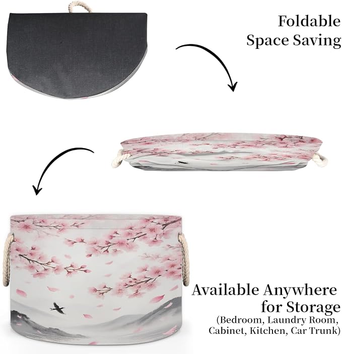 Large Storage Baskets - Cherry Blossoms Bird Nursery Organizer Bin Box with Handles Collapsible Round Laundry Hamper for Kids Toys Pet Blanket, Bedroom Living Room Home Decor Gift Basket
