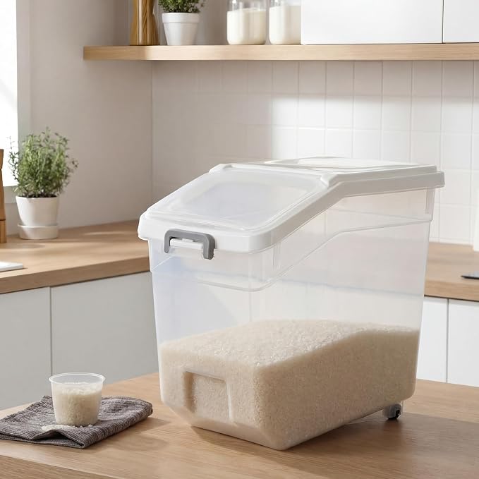 Sunnyray 4 Pcs Rice Storage Container 38 lb Flour Container with Wheels Measuring Cup Clear Pet Food Bin Dog Birds Cat Food Bin Grain Cereal Organizer Box for Dry Baking Supplies(White Lid)