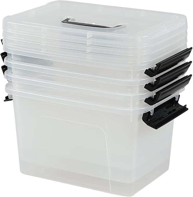 6 Quart Clear Lidded Organizer Bin 4 Pack | Plastic, Latch Storage Box