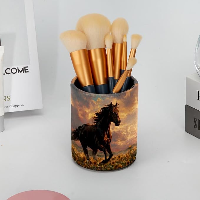Faux Leather Pen Holder for Desk, Pencil Organizer Horse and Sunflowers Pen Cup Desk Decor Makeup Brush Holder Storage for Office Home