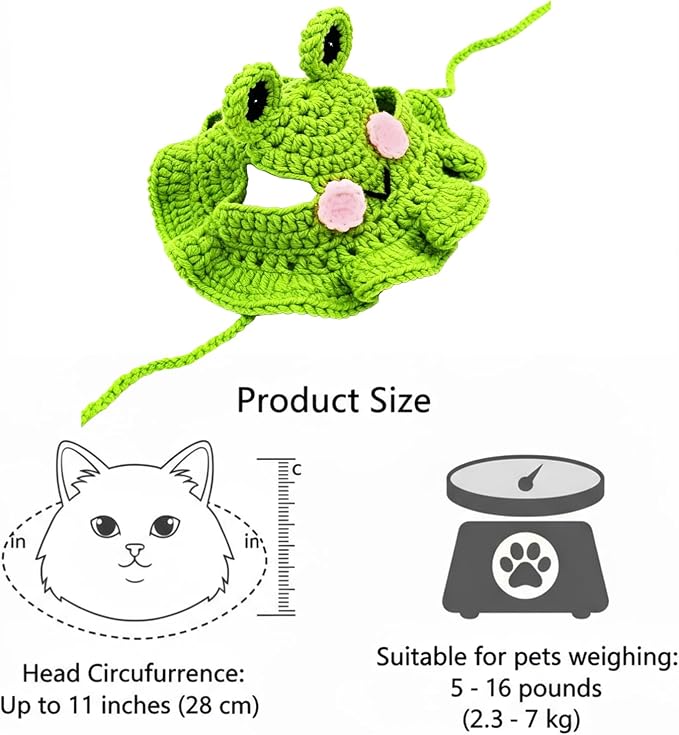 Cute Cat Hat Costume Suitable for 5 to16 lbs - Frog Cat Bonnet Head Circumference 11" or Less Cat Halloween Costumes Pet Photography Outfits