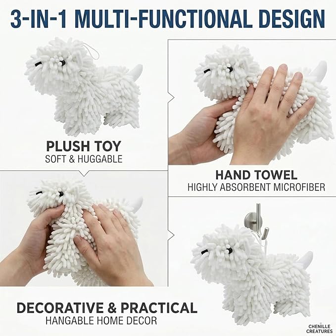 Cute Dog Chenille Hand Towel, 3D Puppy Hangable Fuzzy Ball Hand Towel Microfiber Super Soft Absorbent Bathroom & Kitchen Towels with Hanging Loop, Can Be Placed on the Sink Countertop (White & Gray)